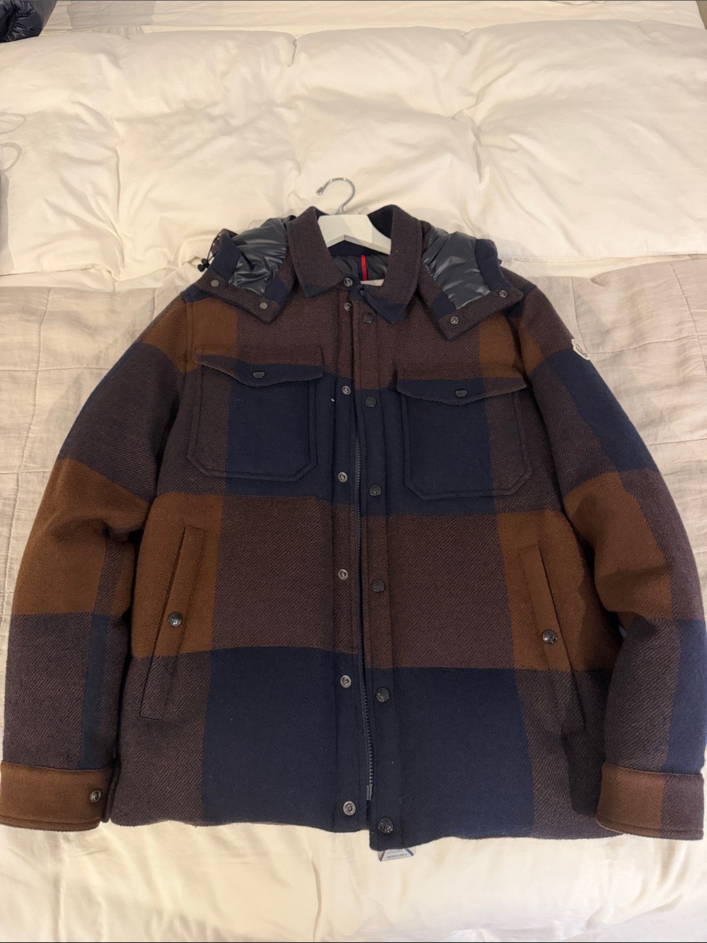 Moncler Ladurns Plaid Wool Hooded Puffer Jacket - Brown & Navy - Size 3 / M